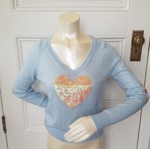 Wild Fox Sequin Heart V Neck Sweater. Medium.